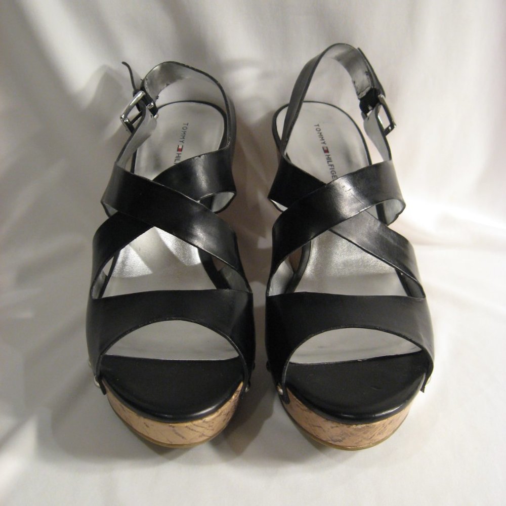 TOMMY HILFIGER SIZ. 8.5 M STRAPPY BLACK CORK WEDGE SANDALS - NICE! - Picture 3 of 7